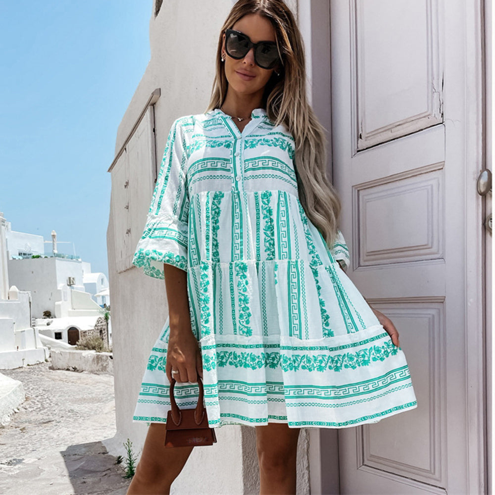 Inna Ibiza Ruffle Dress | Heerlijk luchtige Boho dress met vrolijk patroon